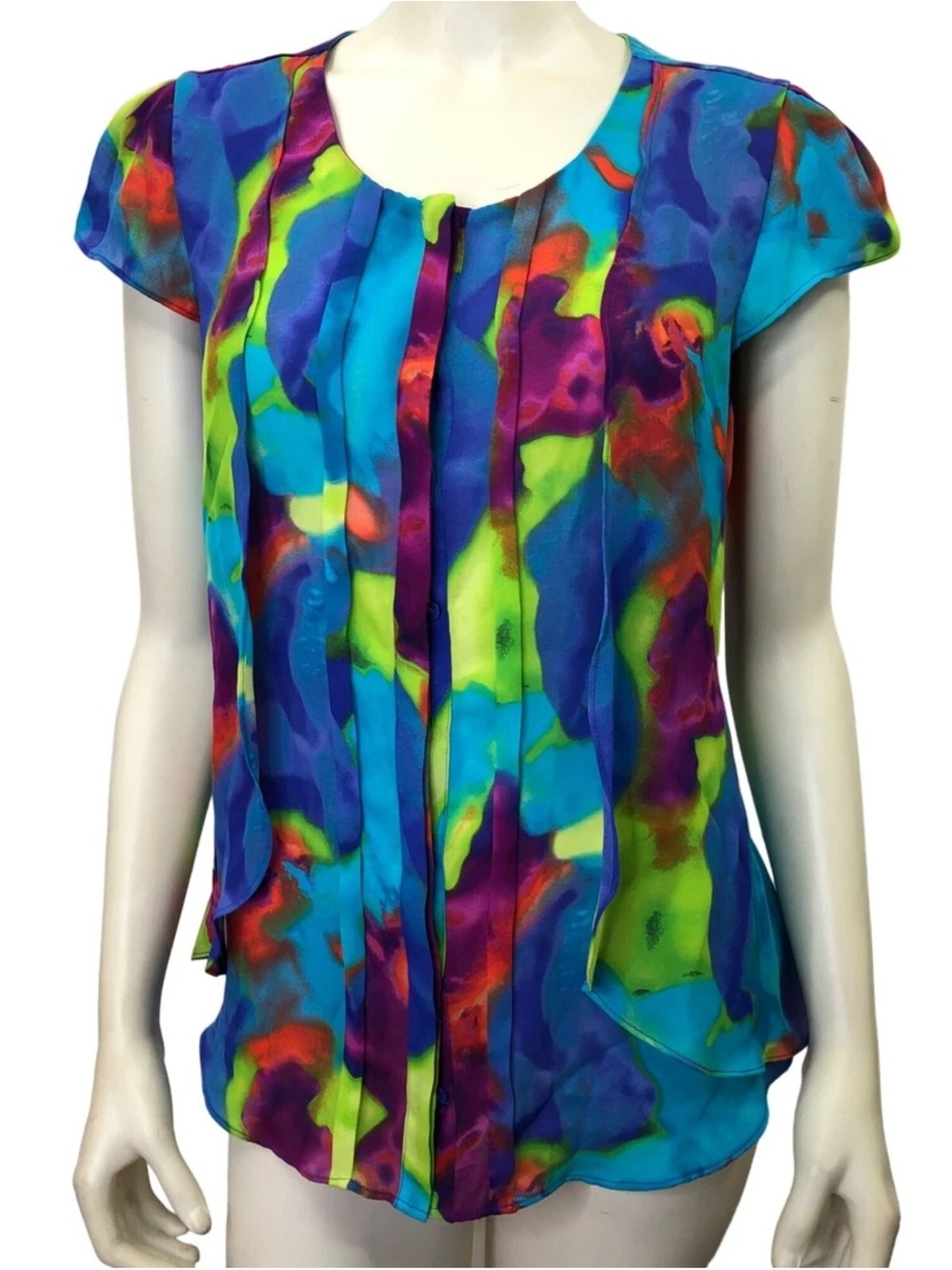 Worthington Watercolor Abstract Pleated Front Blouse Petite XL Blue Green Purple